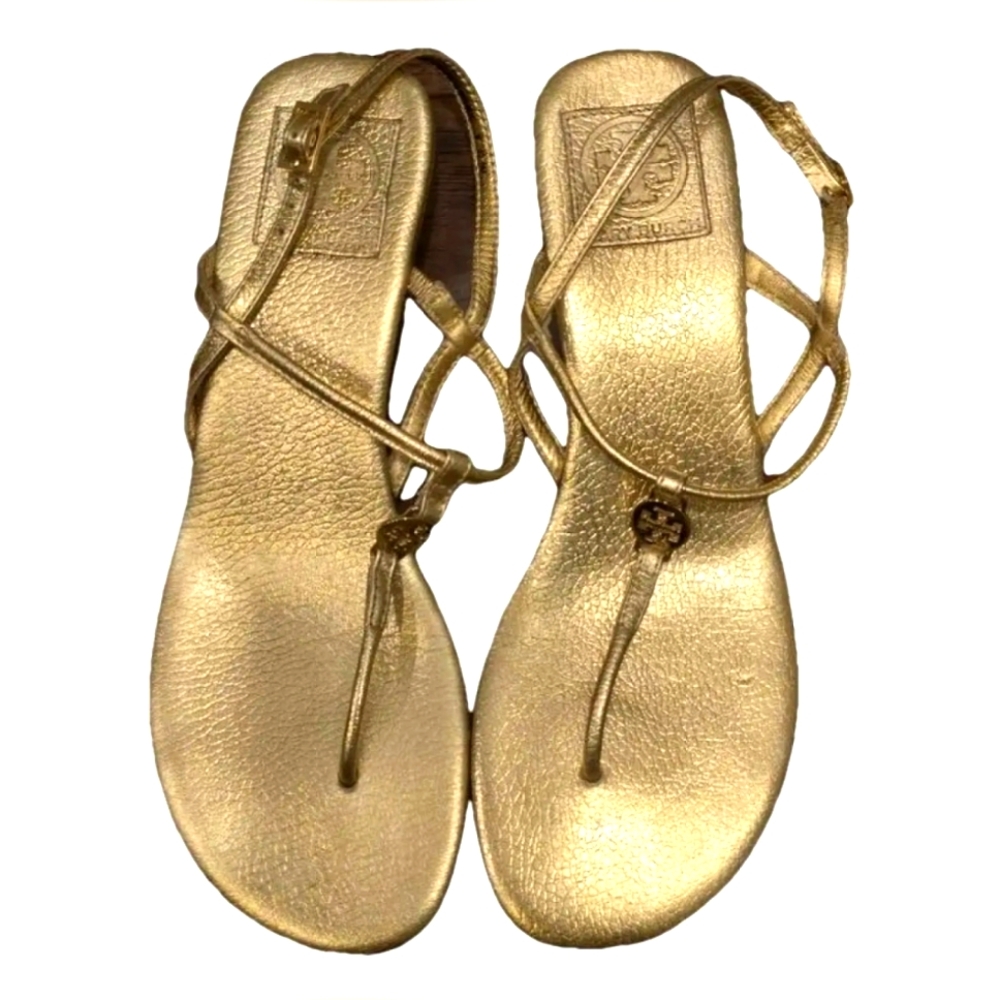Tory Burch Designer Emmy Metallic Strappy Gold Women's Leather Sandals 6 - Picture 3 of 5